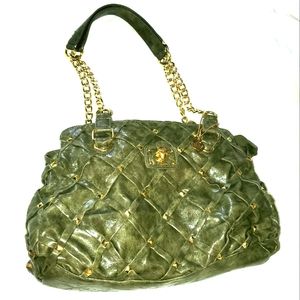 Olive Green & Gold Studded Crisscrossing X's Shoulder Bag by Big Budda